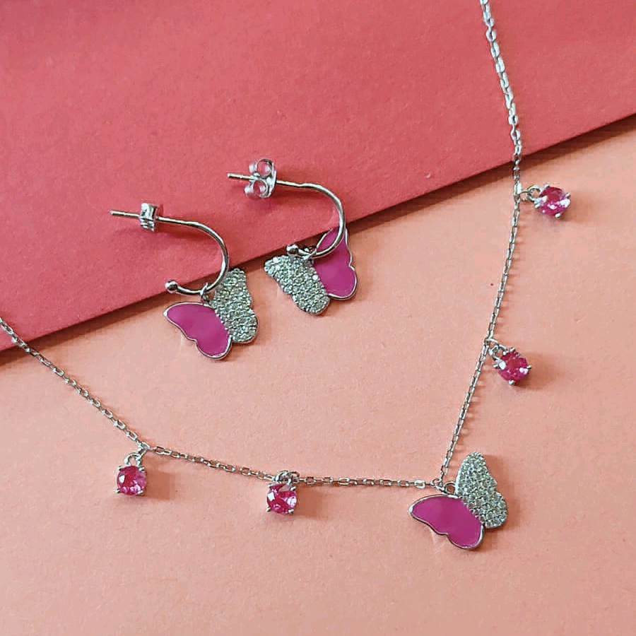 Silver Zircon Studded Butterfly Pendant With Pink Enamel in Link Chain 